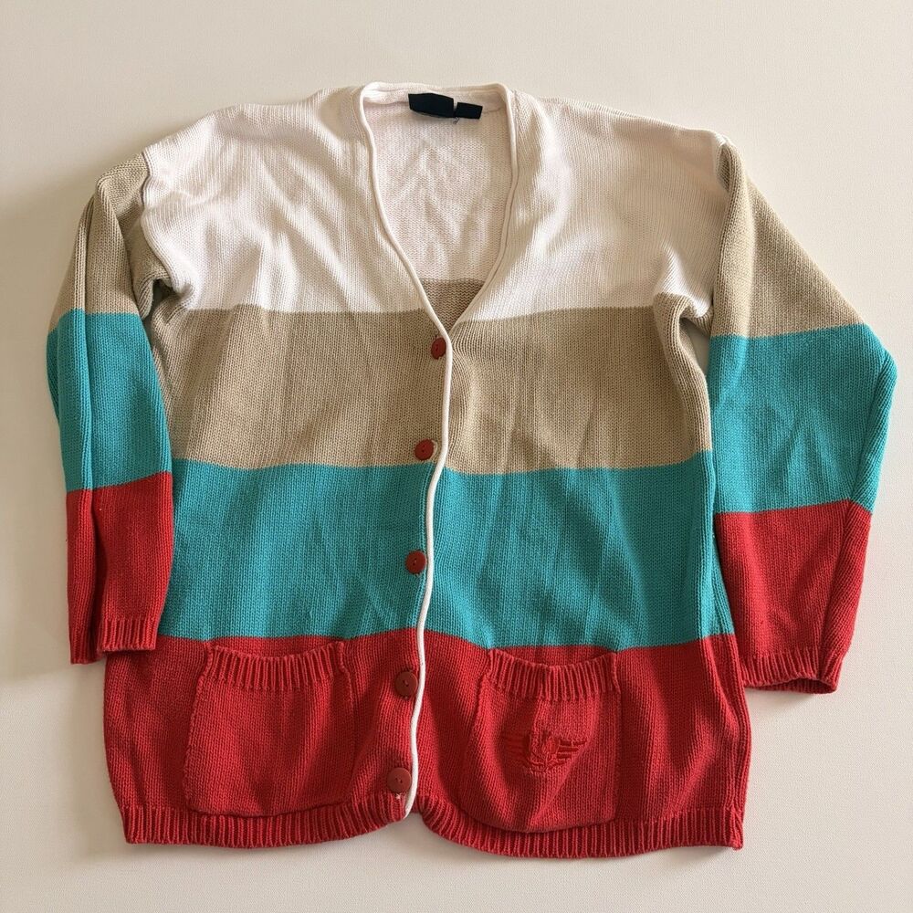 VTG 90s Dockers Red Teal Tan Cream Colorblock Button Cotton Cardigan Small Petit